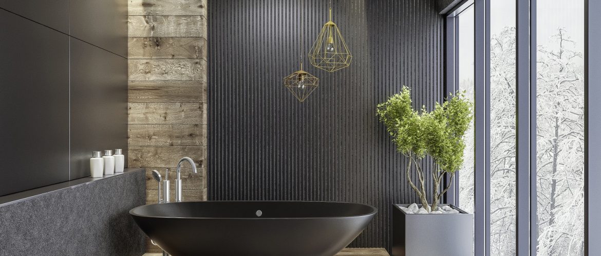 Luxury villa minimalist black bathroom contemporary minimalist bathroom with black wooden walls and large grey matte and wood effect tiles.
round mirror with wooden frame is on the wooden black wall.
round grey stone washbasin and stainless steel basin tap is on top of the grey stone vanity unit with three drawers.
freestanding black stone bathtub and floor mounted inox tap is on a platform with wood effect tiles.
long floor tiles with wood effect. black ceiling with strip cove lighting and embedded spotlights.
***background is my istock image