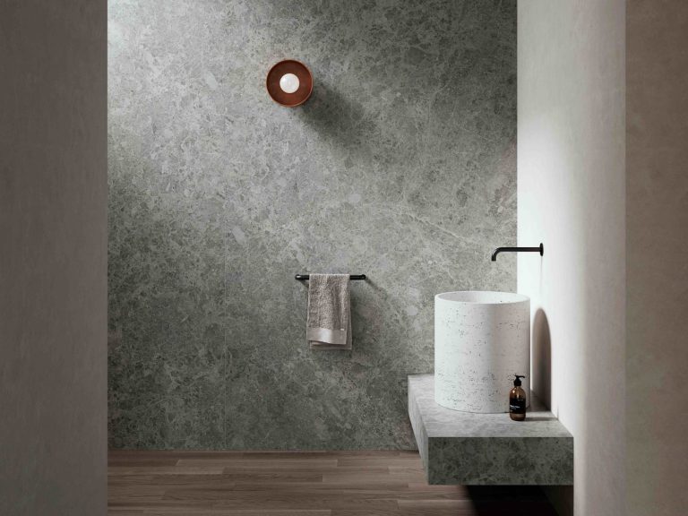 Neolith launches Calacatta Roma & Cappadocia Sunset surfaces Neolith Cappadocia sunset bathroom
